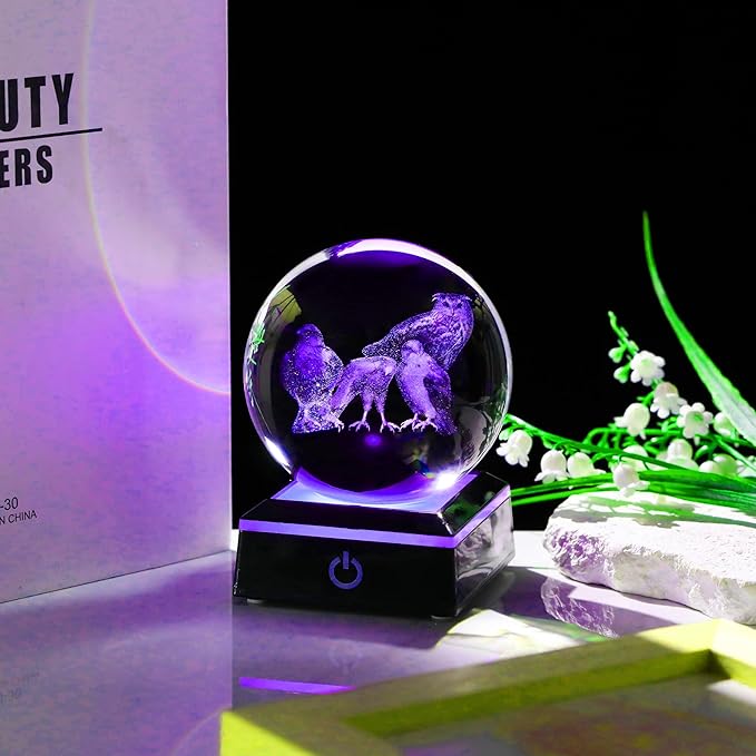 Qianwei OWL Eagle Gifts for Women 3D Crystal Ball 3.14'' - Laser OWL Eagle Decor Glass Animals OWL Eagle Gifts Figurines Statue Stuff for Room Decorations OWL Eagle Night Light