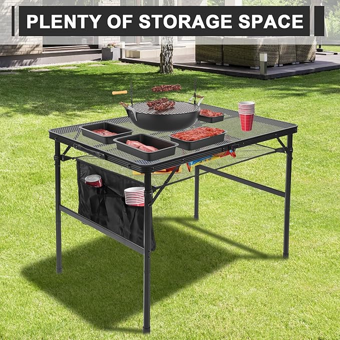 Folding Grill 3x2 FT Portable Camping Table, Lightweight Height Adjustable Metal Picnic Outdoor Table with Mesh Desktop and Mesh Bag, Beach and BBQ, Party