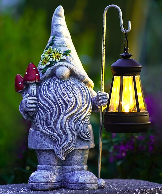 Solar Gnome Statue for Outdoor Decor: Outside Garden Sculpture for Yard Lawn Balcony Patio Porch- Birthday Gifts for Mom Women Grandma
