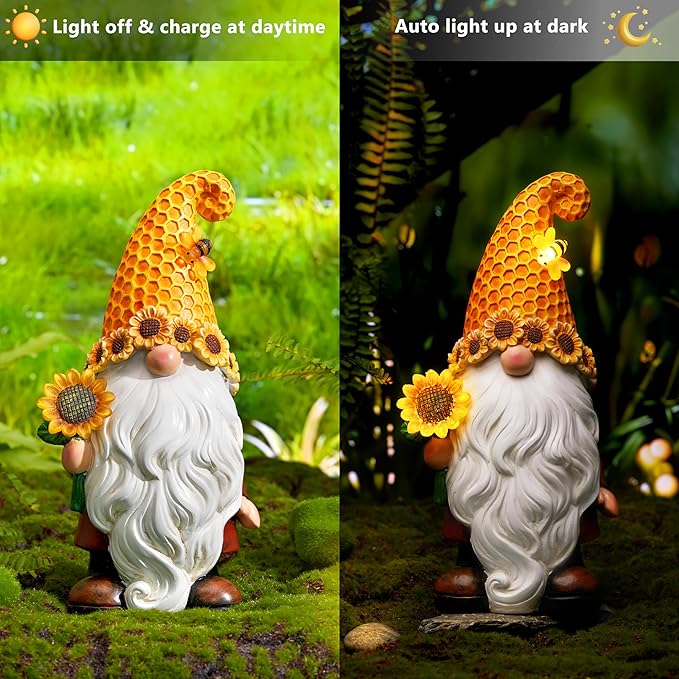 Garden Gnomes Outdoor - Sunflower Gnome Statue with Solar LED Lights for Yard, Patio, Lawn Ornaments - Best Garden Gifts for Mothers Day, Housewarming, Festival