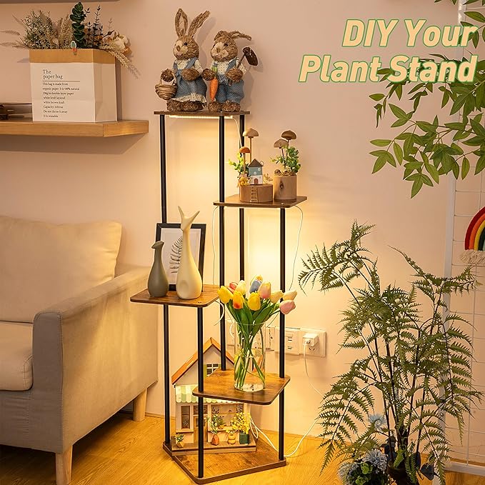 Dreyoo Plant Stand with Grow Light Indoor, 5 Tier 5 Potted Sturdy Metal Plant Shelf, Multiple Plant Holder Tall Plant Ladder for Display Plant Flower Corner Living Room Office (Black, Brown)
