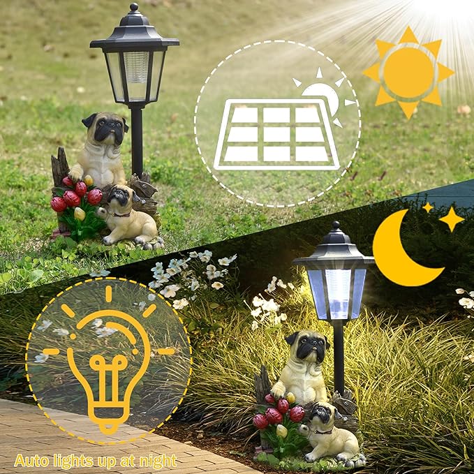 Solar Garden Country Farm Pug Dogs with Light, Outside-Outdoor Decorations Animal Statue for Patio Yard Lawn Walkway Ornaments Clearance Gifts for Mom Grandma Birthday