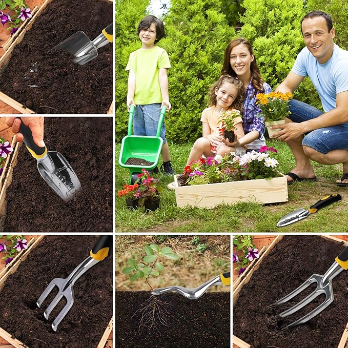 FEBSNOW Garden Tool Set - 5 Pieces Heavy Duty Gardening Hand Tools Kit Include Garden Trowel, Garden Rake, Spade Shovel, Weeder, Cultivator for Men, Women