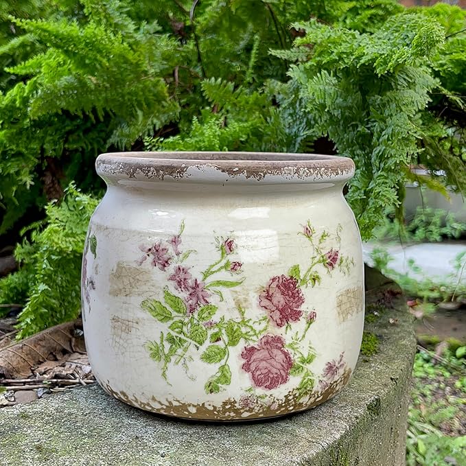 Vintage Ceramic Ice Crack Flower Pot with Drainage Holes, Country Rustic Planters for Indoor and Outdoor,Tuscan Decor,Home,Living Room, Garden Decor, Gardening Gift (Garden)