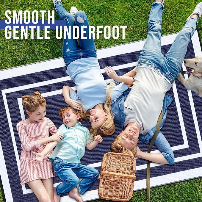 OLANLY Outdoor Rug 6x9 ft Waterproof, Reversible Outdoor Plastic Straw Rug, RV Mat, Indoor Outdoor Carpet Clearance for Patio, Camping, Balcony, Deck, Backyard, Navy & White