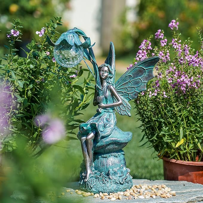 TERESA'S COLLECTIONS Garden Statues Fairy Sculptures & Statues, Outdoor Solar Light Garden Decor Resin Patina Bronze Figurines for Outdoor Decor, Valentines Decorations Gifts for Women Mom, 13.8''