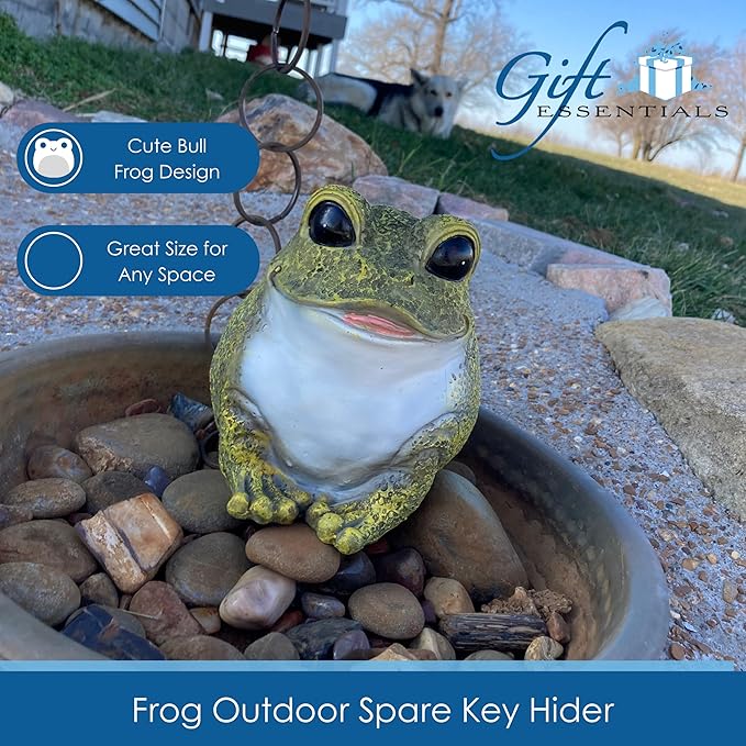 Stocky Frog Decorative Garden Statue and Key Hider - Hides a Secret Extra Hidden Key Outside in Garden, Yard or Porch