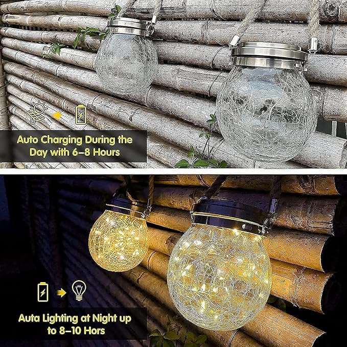 Solar Lantern Crackle Glass Ball, 2 Pack Garden Hanging Solar Lights Outdoor Waterproof Lanterns with 30 Warm White LED for Outdoor Decor Patio Yard Lawn Pathway
