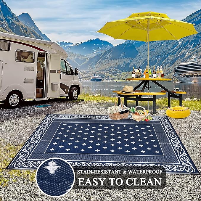 Pauwer Waterproof Outdoor Rug 6x9, Reversible Plastic Straw Patio Camping Rug, Indoor Outdoor RV Mat Carpet for Deck, Camper, Porch, Balcony, Backyard, Picnic, Bordered Navy