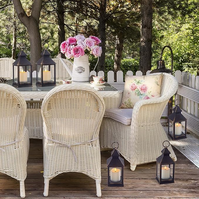 Vintage Golden Brushed Black Lantern Decorative LED Flickering Flameless Candle with Timer, Battery Powered LED Decorative Hanging Lanterns for Indoor Outdoor Garden Yard Home Decor(4 Pack)