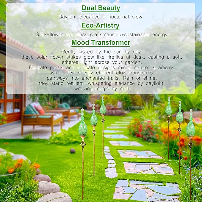 Solar Garden Lights, Decorative LED Flame Garden Stakes, Hand Blown Glass and Outdoor Waterproof Glass Stakes (Green)