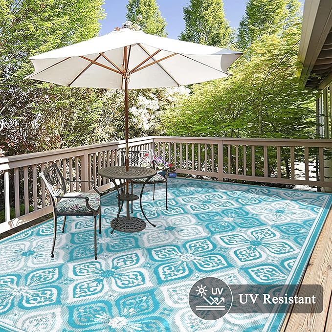 Pauwer Waterproof Outdoor Rug 9x12, Reversible Plastic Straw Patio Camping Rug, Indoor Outdoor RV Mat Carpet for Deck, Camper, Porch, Balcony, Backyard, Picnic, Clover Teal