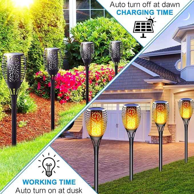 Large Solar Torch Light with Flickering Flame, Upgraded 3-in-1 Solar Fire Lights Outdoor Hanging Lanterns, Festival Decorations Solar Powered Tiki Torches for Garden, Pathway, Lawn, Yard