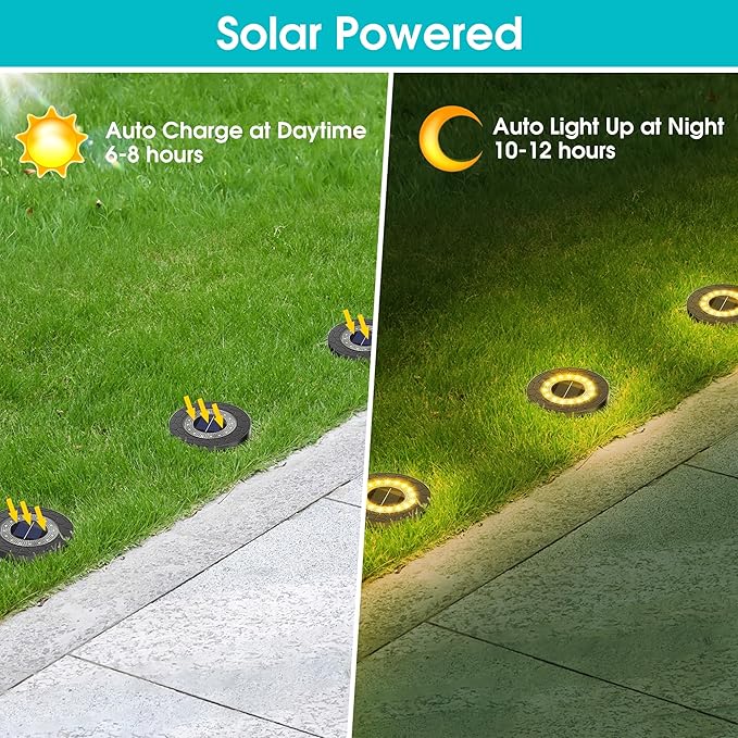 NFESOLAR Solar Ground Lights Outdoor 8 Pack, IP68 Waterproof Flat Solar Outdoor Lights Bright Solar Powered Landscape Lighting for Yard Garden Lawn Patio Driveway Pathway Decor (Warm White)
