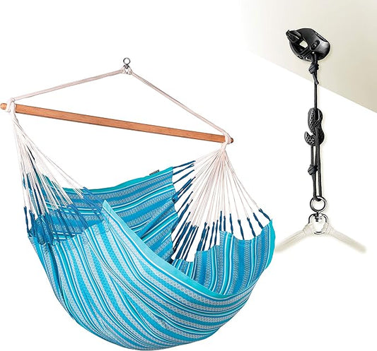 LA SIESTA® - XL King Habana Cotton Hammock Chair & CasaMount - Hanging Chair w/Suspension Kit for Walls Ceilings & Square Beams - Indoor Outdoor Swing Hanging Chair Bedroom Patio Balcony - Azure