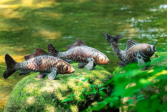 Set of 3 Garden Koi Fish Statue Antique Copper Fishes Outdoor Décor Garden Sculptures & Statues Metal Koi Fish Figurine Ornaments for Outdoors,Patio Decor,Backyard and Home Kitchen Decorations