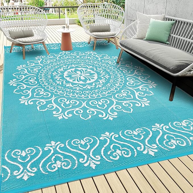 Pauwer Waterproof Outdoor Rug 5x8, Reversible Plastic Straw Patio Camping Rug, Indoor Outdoor RV Mat Carpet for Deck, Camper, Porch, Balcony, Backyard, Picnic, Floral Teal