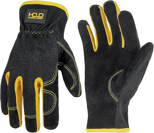 HANDLANDY Men Leather Gardening Gloves, Utility Work Gloves for Mechanics, Construction, Driver, Dexterity Breathable Design