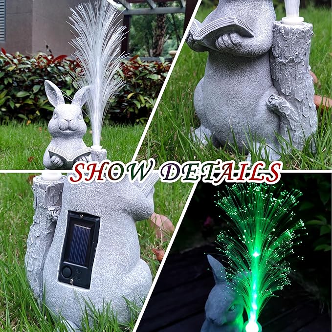 Rabbit Solar Garden Statues,Resin Rabbit Figurine Reading a Book and 7-Color Changing Optical Fiber with Solar Lights, Lawn Decor Outdoor Statue for Patio,Balcony,Yard,Lawn Ornament