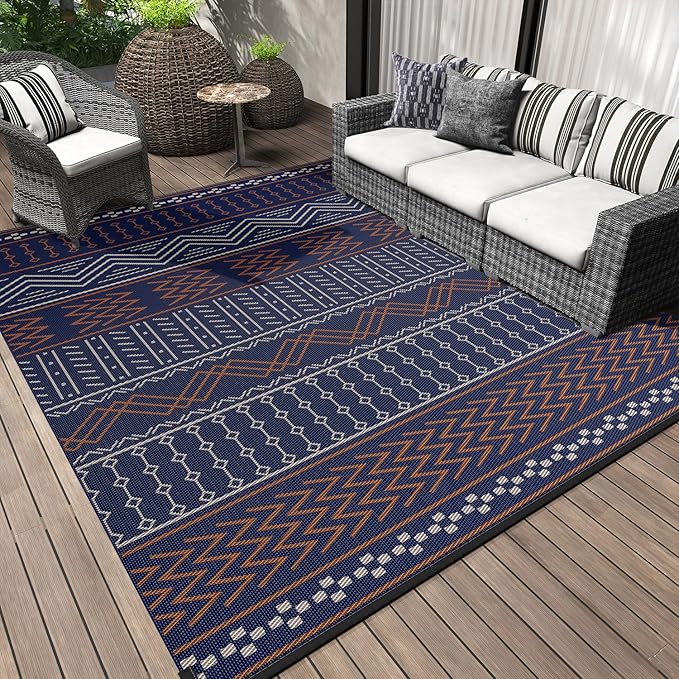 Outdoor Rug Carpet Waterproof 8x10 ft Patio Rug Mat Indoor Outdoor Area Rug for RV Camping Picnic Reversible Lightweight Plastic Straw Outside Rug for Patio Decor Decoration Boho Rug Navy Red