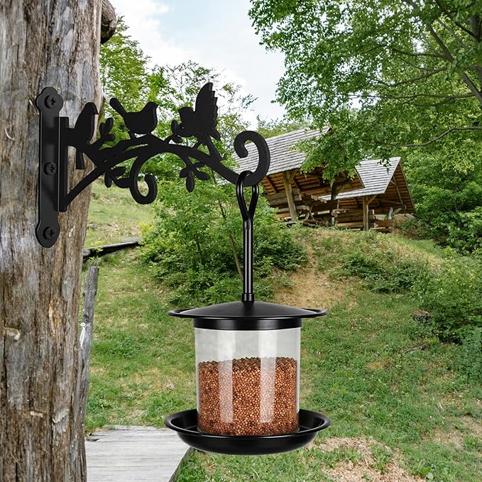 Metal Hanging Plant Bracket with Birdie Pattern 2 Pack – Heavy Duty Plant Hooks for Hanging Flower Baskets，Plants, Bird Feeder, Wind Chime - Indoor/Outdoor Use，Black Matte Texture (9 in)