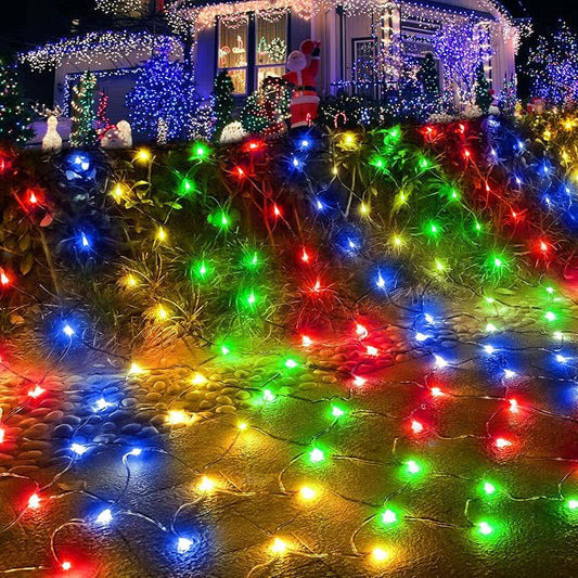 Pooqla Net Lights, 300LED Christmas Outdoor Mesh Light, 14.8x4.9 ft Fairy String 8 Modes Green Wire, Connectable Waterproof Decorative for Bushes Tree Garden Halloween, Colorful