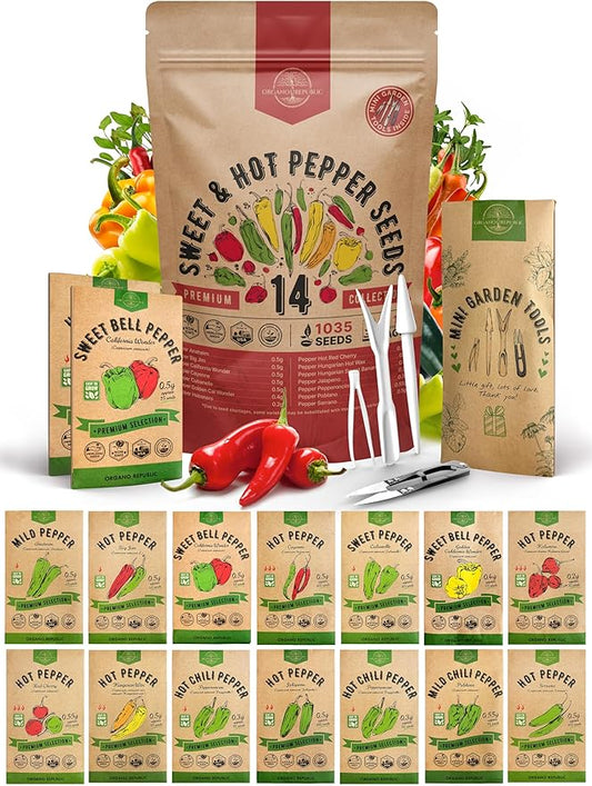 Organo Republic 14 Sweet & Hot Peppers Seeds Variety Pack - 1,030+ Non-GMO Heirloom Pepper Seeds for Outdoor and Indoor Home Gardening, Including Pepper Cayenne, Habanero, Jalapeno, Poblano, Serrano