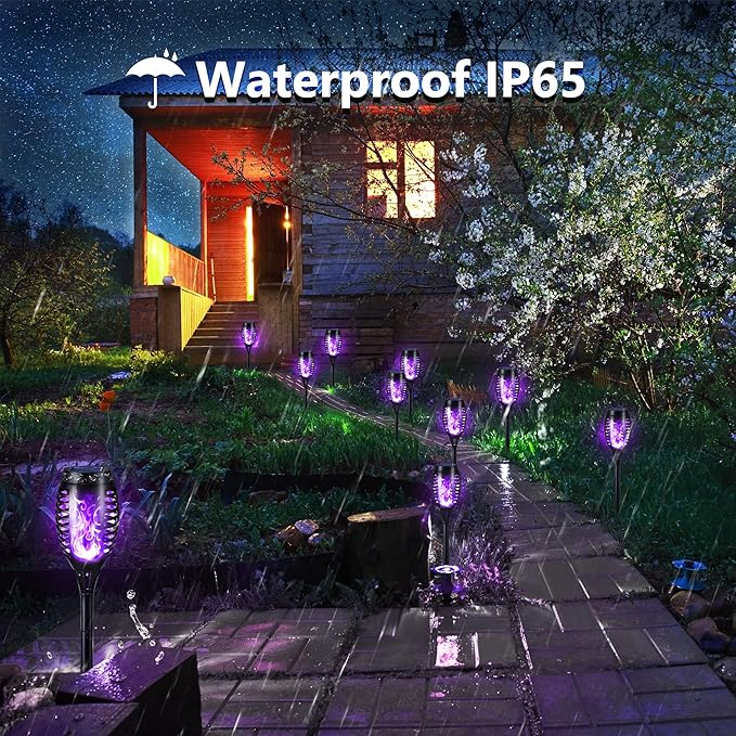 Toodour Solar Torch Flame Lights, 12 Pack Outdoor Flickering Flame Waterproof Pathway Lights Landscape Decoration for Garden, Lawn, Yard - Purple