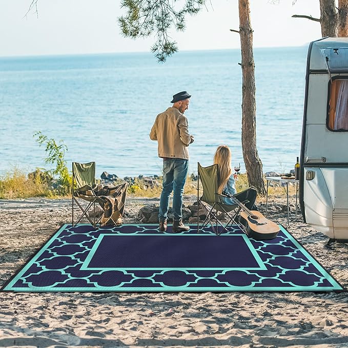 GENIMO 8 ' x 10 ' Outdoor Rug for Patio, Waterproof Indoor Outdoor Plastic Straw Rugs Carpet, Reversible Outside Area Mat for Camping, Balcony Porch, Deck, Picnic, Beach Navy Blue & Jade Green