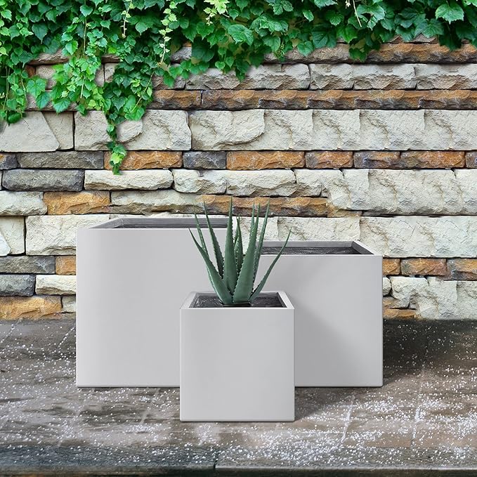 Kante 16",12",10" Square Concrete Planters Set of 3 for Outdoor Indoor Home Patio Garden, Large Plant Pot with Drainage Hole and Rubber Plug, Pure White