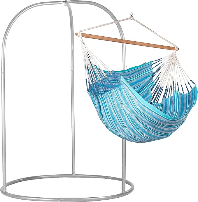 LA SIESTA® - XL King Habana Cotton Hammock & Romano Steel Stand - Indoor Outdoor Hanging Chair Swing for Bedroom Porch Balcony - Boho Hanging Chair - Azure