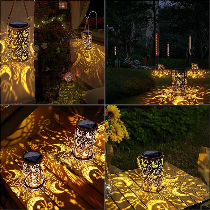 Toodour Solar Lantern Outdoor, Hanging Solar Outdoor Lights Garden Decor, Waterproof Hollow Out Retro Metal Moon Decorative Lights for Patio, Balcony, Yard, Walkway, Landscape, Outdoor Decorations