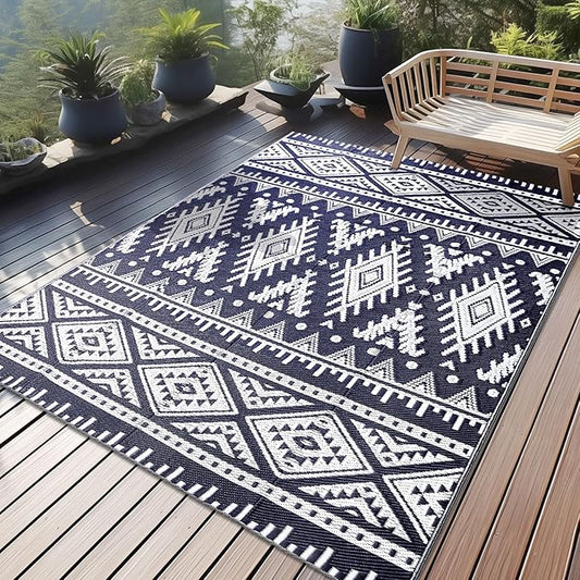 OLANLY Outdoor Rug Waterproof 4x6 ft, Reversible Outdoor Plastic Straw Rug, Boho Patio Rug, Indoor Outdoor Carpet, RV Mat Outside for Patio, Camp, Picnic, Balcony, Deck, Backyard, Navy & White