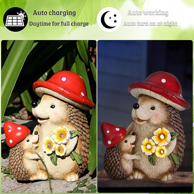 Solar Hedgehog Garden Statue Lights for Outdoor Decor, Resin Hedge hog Figurine Lighting Decorations, Patio Yard Lawn Ornaments Birthday Gifts for Women Mom Grandma
