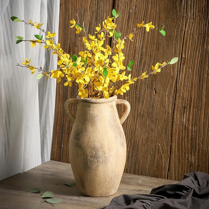 Large Ceramic Vase,11.3 inch Tall Farmhouse Flower Vase with 2 Handles,Terracotta Decorative Flower Vase for Home Decor, Living Room Entryway Table Centerpiece Decor