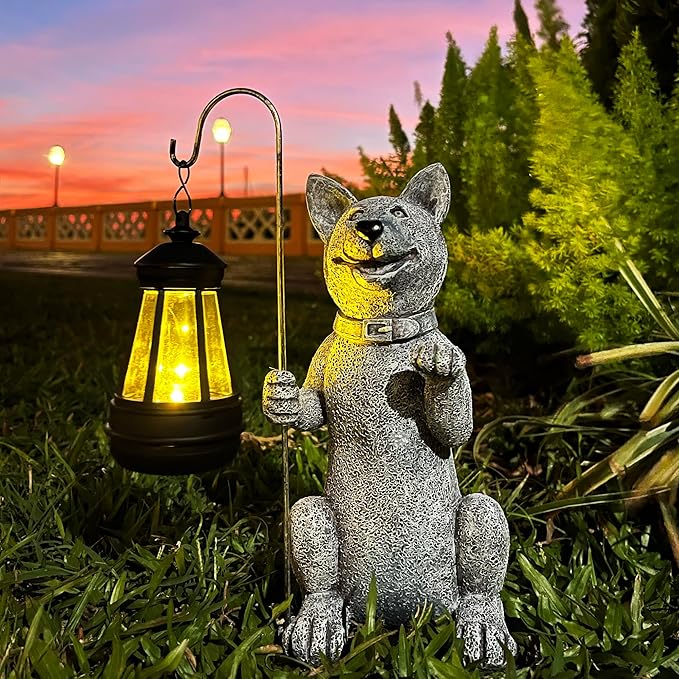 lightsfever Dog Statue with Solar Lantern, Outdoor Statues for Home Garden Balcony Decor, Solar-Powered LED Lights for Outdoor Patio Yard Lawn Decorations, Unique Gifts for Men, Moms, Grandma