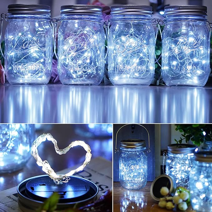 Mason Jars Lids 30 LED 12 Pack Solar Fairy Firefly Lights - Solar Lantern Hanging Lights for Patio Yard Garden Wedding Decorations - Cool White
