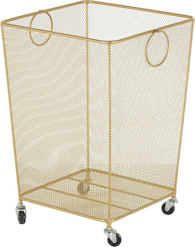 Deco 79 Metal Storage Cart Square Mesh Wire Rolling Laundry with Ring Handles, 17" x 16" x 24", Gold