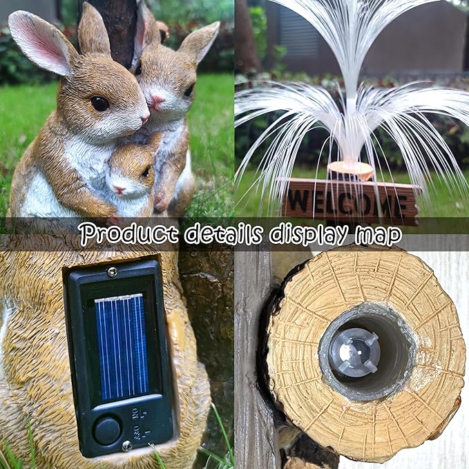 Solar Rabbit Garden Statues,Resin Rabbit Family Figurine with Welcome Card and 7-Color Changing Optical Fiber with Solar Lights, Lawn Decor Outdoor Statue for Patio,Balcony,Yard,Lawn