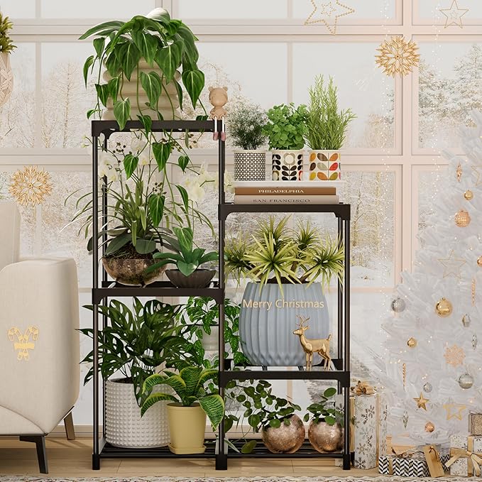 Plant Stand Indoor Outdoor Hanging Plant Shelf for Multiple Plants Pots Metal Flower Stand Flower Holder for Living Room, Patio, Balcony, Garden Decor, Black