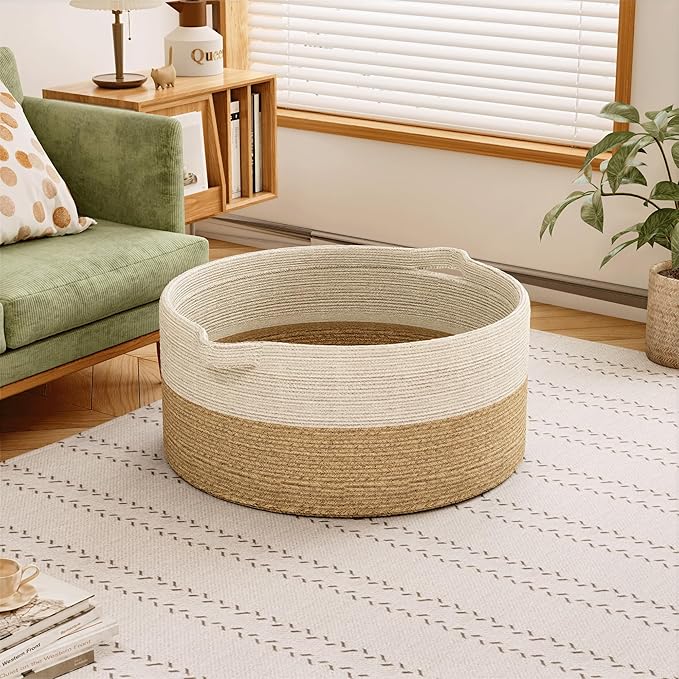 125L Extra Large Blanket Basket, 25" x 16", Jumbo Laundry Woven Baskets Decorative Home, Cotton Rope Basket with Handles, Baby Toy Baskets for Storage, White & Brown,2PC