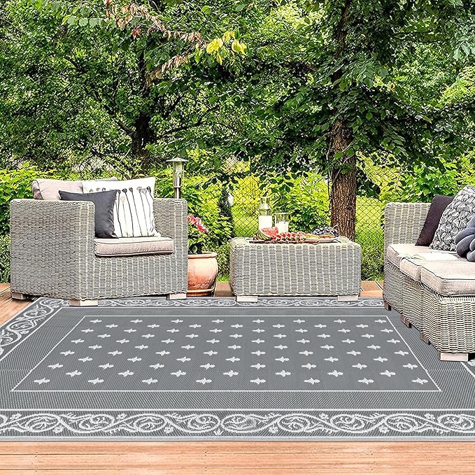 Pauwer Waterproof Outdoor Rug 6x9, Reversible Plastic Straw Patio Camping Rug, Indoor Outdoor RV Mat Carpet for Deck, Camper, Porch, Balcony, Backyard, Picnic, Bordered Grey