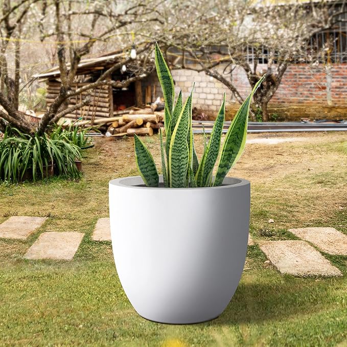 Kante 18 Inch Dia Round Concrete Planter, Indoor Outdoor Large Plant Pot with Drainage Hole and Rubber Plug for Home Patio Garden, Pure White
