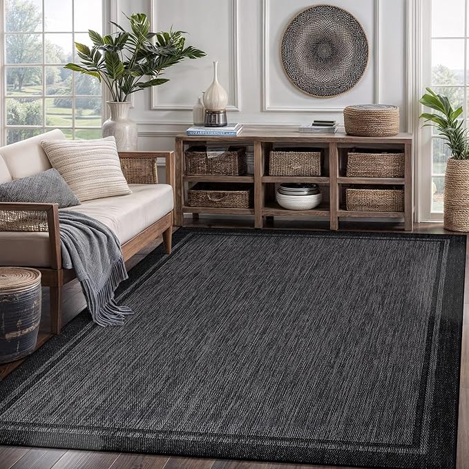 CAMILSON Indoor Outdoor Rug, 9x12 Bordered Dark Grey Black Modern Large Area Rugs for Indoor and Outdoor Patios, Kitchen and Hallway Mats, Washable Porch Deck Outside Carpet (Bordered Black, 9 x 12)
