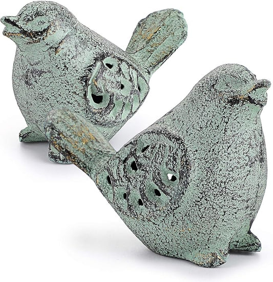 OwnMy 2 Cast Iron Green Bird Sculptures Outdoor Bird Statues Hollow Carved Bird Desktop Ornaments Figurines, Decorative Creative Animal Figurine Indoor Outdoor Statues for Garden Patio Home Decor