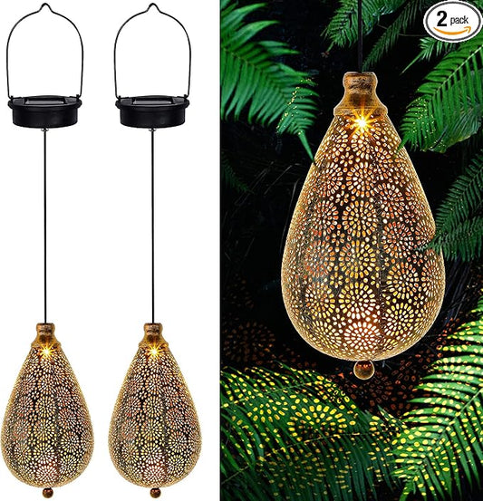 MAGGIFT 2 Pack Solar Hanging Lights, Solar Powered Decorative Retro Lantern with Handle, Warm White LED Christmas Garden Boho Flower Lights, Metal Drop Shape Waterproof Outdoor Yard Tree Fence Patio