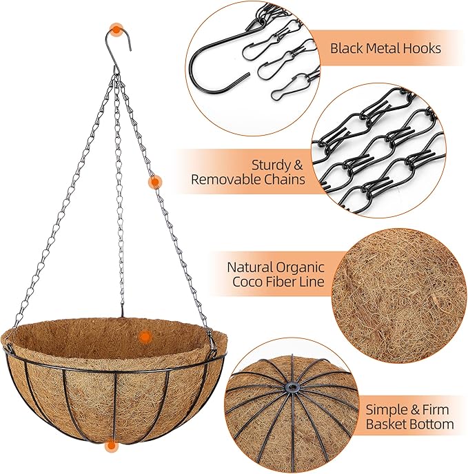 ZeeDix 2 Pack 14 Inch Metal Round Hanging Planter Basket with Coconut Liners Replacement, Hanging planters Baskets with Natural Coco Liner for Outdoor Indoor Planters Flowers Vegetables