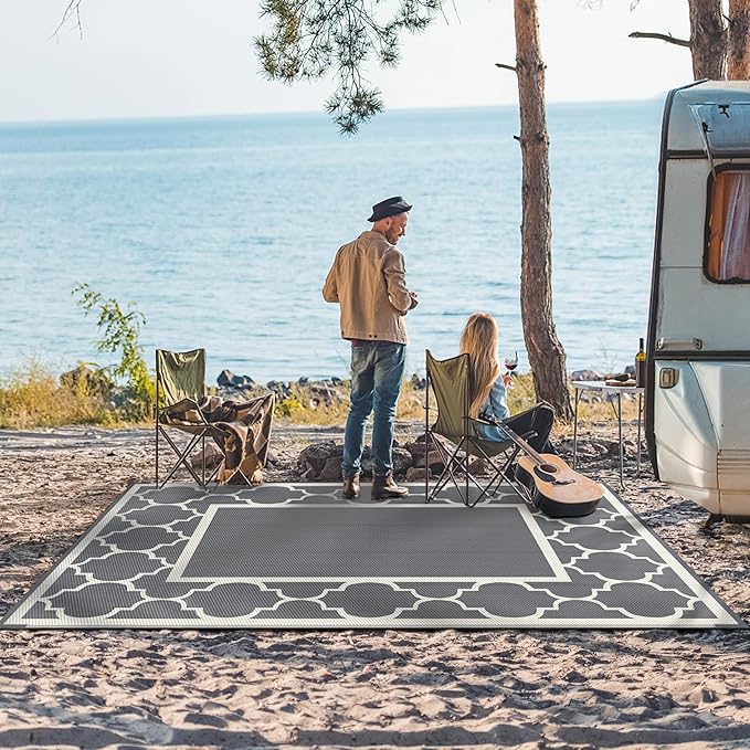 GENIMO 5 ' x 8 ' Outdoor Rug for Patio, Waterproof Indoor Outdoor Plastic Straw Rugs Carpet, Reversible Outside Area Mat for Camping, Balcony Porch, Deck, Picnic, Beach Grey & Beige White