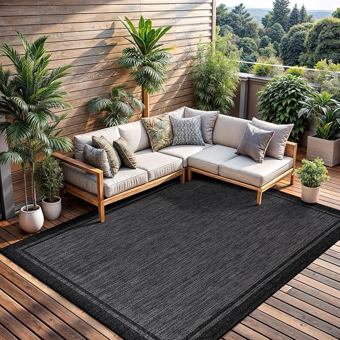 CAMILSON Indoor Outdoor Rug, 8x10 Bordered Dark Gray Black Modern Area Rugs for Indoor and Outdoor Patios, Kitchen and Hallway Mats, Washable Porch Deck Outside Carpet (Bordered Black, 8 x 10)