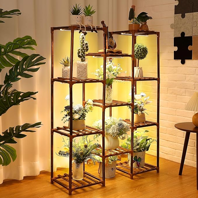 Plant Stand with Grow Lights Indoor, 11 Tiers Shape Plant Shelf with Light Full Spectrum Led Grow Light, Timer Function and Brightness Adjustment, Wood Plant Stand Indoor for Corner Living Room
